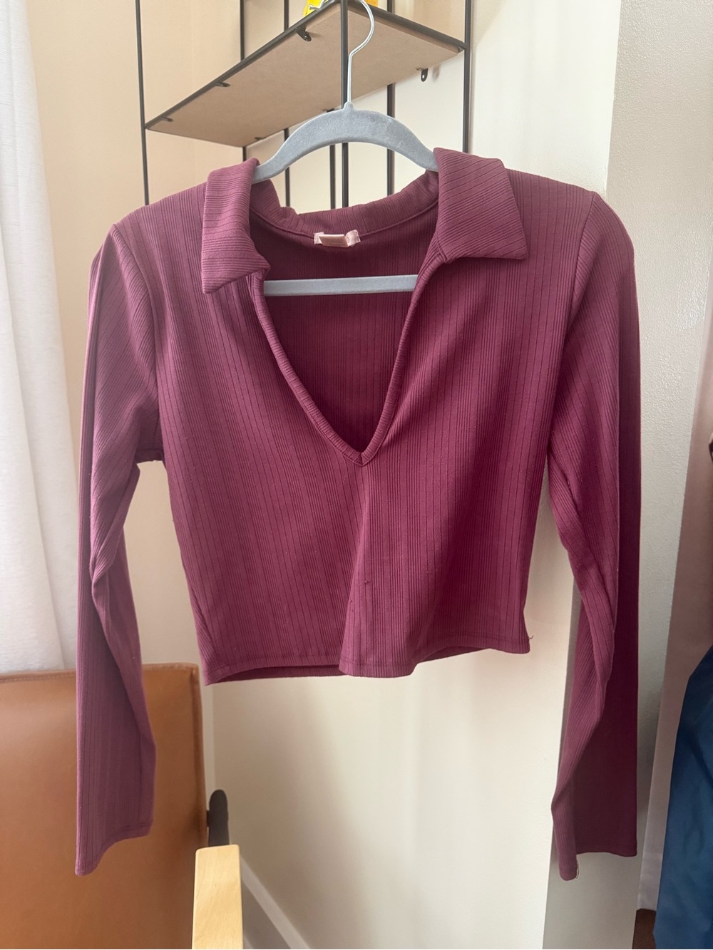 Bozzolo Ribbed Deep V Collared Long Sleeve Top - dark pink